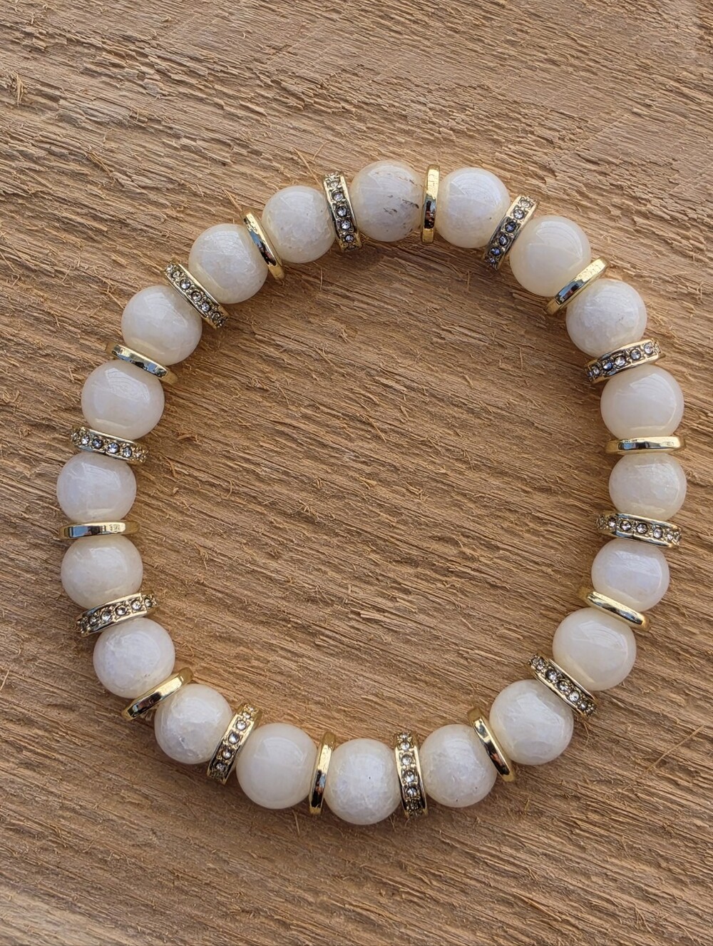 White Plated Quartz & Gold Rhinestone Beaded Bracelet